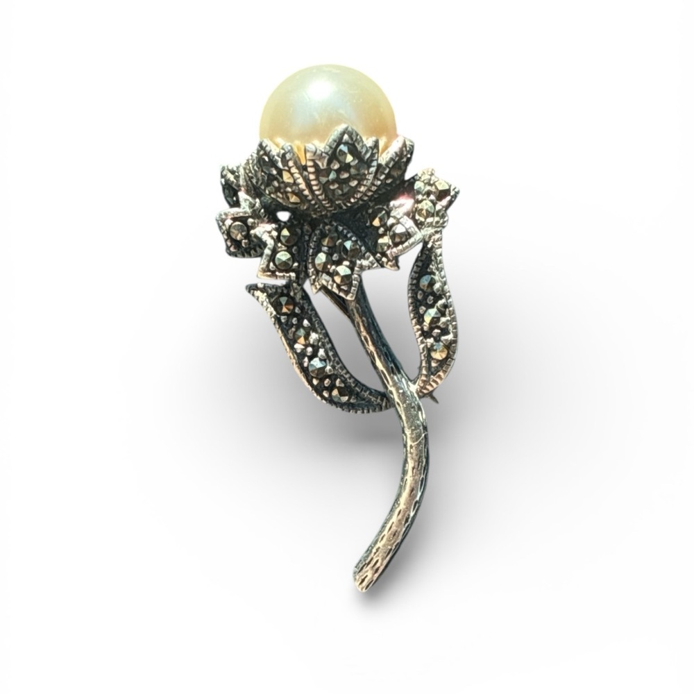 Sterling Silver Marcasite and Pearl Floral Brooch